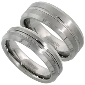 Tungsten His (8mm) & Hers (6mm) Comfort Fit Brushed Finish Beveled Flat Wedding Ring Band Set; (Men's Size N to Z+2, Ladies' Size J to X), Size N