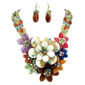 Multi Colored Stone Flower Statement Necklace and Earrings Set Fashion Jewelry: Jewelry