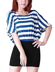 Dolman Elasticized   Waistline Striped Print Polyester/Spandex Mini Dress 