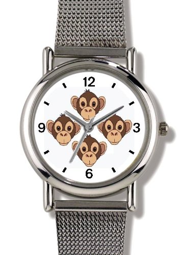 Four Monkeys (Heads) - Monkey Cartoon - JP Animal - WATCHBUDDY® ELITE Chrome-Plated Metal Alloy Watch with Metal Mesh Strap-Size-Small ( Standard Women's Size )