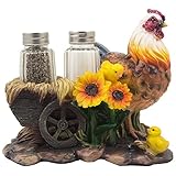 Mother Hen and Chicks Glass Salt and Pepper Shaker Set with Decorative Sunflowers & Old Fashioned Hay Wagon Accents for Rustic Country Kitchen Decor Figurines or Display Stands Featuring Farm Animals, Roosters or Chickens As Gifts for Farmers