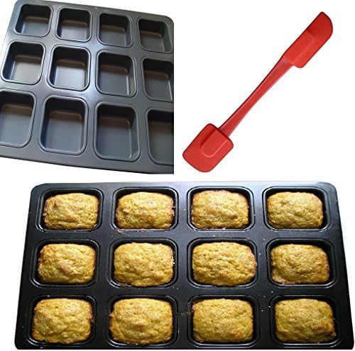 Nonstick Square 12 Cavity Muffin Baking Pan with Double-sided Spatula - 12-cup Muffin Cupcake Treat Brownie Bar Pan - Perfect for All Your Baking Needs - Bake Ware Tool - Long Lasting Pan - Premium Utensils - Dishwasher Safe.