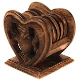 Heart Shaped Wooden Coaster Set With Elaborately Carved Stand
