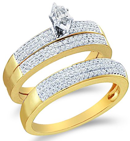 10k Yellow and White 2 Two Tone Gold Mens and Ladies Couple His & Hers Trio 3 Three Ring Bridal Matching Engagement Wedding Ring Band Set - Marquise and Round Diamonds - Solitaire Center Setting w/ Channel Set Side Stones (1/2 cttw, H Color, I1 Clarity)