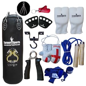 Vinyl Punch Bags Black Set 3 Foot With Free Chrome Plated Chain, Bag Mitts, Heavy Dute Metal Ceiling Hook, Nylon Skipping Rope Blue, Knuckle Guard Fist Protector Boxing Glove UK Flagged Miniature And Novelty, Boxing Gloves Key Chain Red And Bue Hand Wraps