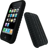 igadgitz Etui Housse Pochette Case Noir en Silicone avec motif trace de pneu, Coque pour Apple iPhone 3G & 3GS 8 go gb 16 go gb & 32 go gb + protecteur écran