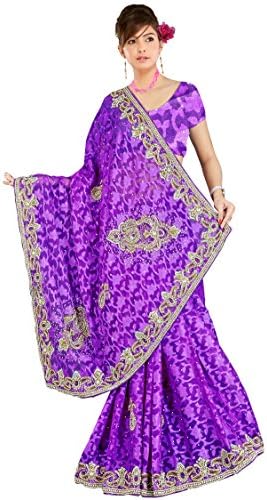 Latest New Indian Clothes Heavy Embroidery Purple Sari Party Wear Bridal Sari