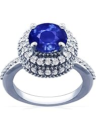 14K White Gold Round Cut Blue Sapphire Ring With Sidestones