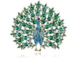 Elegant Gold Tone Blooming Large Emerald Peacock Crystal Rhinestone Pin Brooch