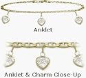 10 Karat Yellow Gold 9" Flat Gucci Style 3 White Stone Heart Charm Anklet