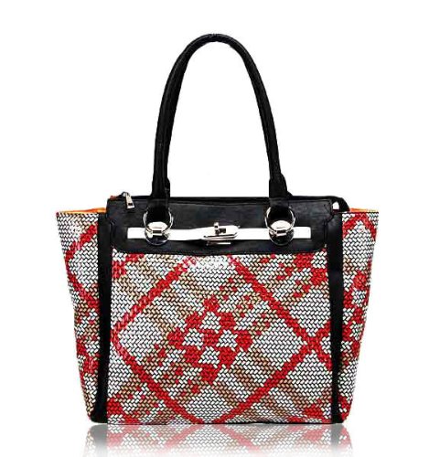 Elegant Reiko Grid Patterned Tote Handbag - Red & White