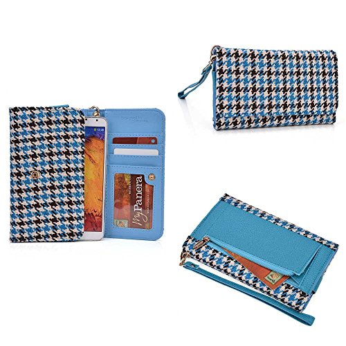 Apple iPhone 6 Plus Wallet Wristlet Clutch With Hand Strap and Credit Card Slots| Houndstooth Fabric : Vibe Blue, White, Brown