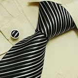 personalised boyfriend gifts-Black Striped Mens Ties Lot White Stripes Boyfriend's Gift Handmade Silk Tie Cuff Links Set 6516