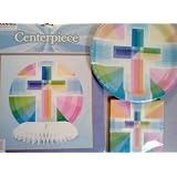 Christian Cross Theme Pastel Party Package ~ Christening, Baptism, First Communion, Confirmation, Sunday School ~ Dinner Plates, Napkins, & Centerpiece ~ Serves 12