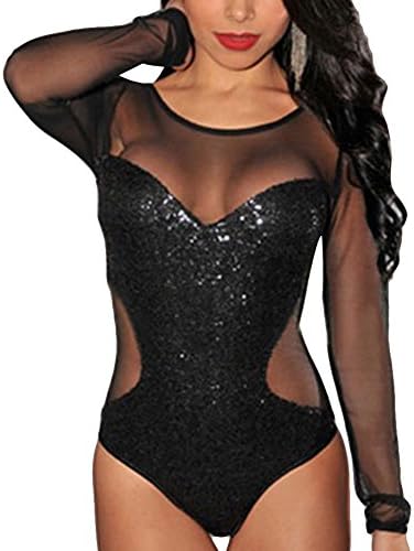 CitySky Women's Sexy Sequin Long Sleeve Stage Fashion Solid Jumsuit Black One Size