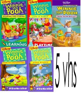 winnie the pooh set 5 vhs: The New Adventures of Winnie the Pooh, Vol. 10: Pooh to the Rescue, Winnie the Pooh: Fun N Games , Winnie the Pooh: Pooh Wishes (Clam) , Winnie the Pooh : Sharing and Caring, Winnie the Pooh - Imagine That, Christopher Robin!