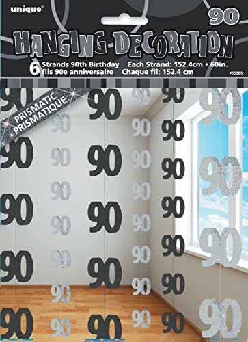 UNIQUE PARTY 55385 - 5ft Hanging Glitz Black 90th Birthday Decorations, Pack of 6