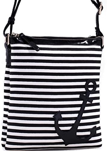 Dasein Anchor Canvas Striped Messenger Bag with Adjustable Patent Shoulder Strap - Black Stripes/ Black Trim