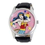 Armitron Women's 880011 Character Silver-Tone Pink Dial Wonder Woman Black Leather Strap Watch