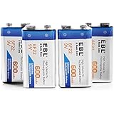 EBL 4 Pack 9V 6F22 600mAh High Volume Lithium-ion Rechargeable 9 Volt Li-ion Batteries