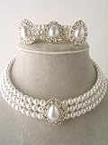 Fashion Jewelry ~ Pearls Choker ~ White Faux Pearls with Rhinestones Choker Set ~ Necklace, Earrings and Cuff Bracelet (Style 119571SL DD)
