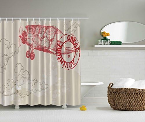 Vintage Airplane Aviation Fabric Shower Curtain - Water, Soap, and Mildew Resistant - Machine Washable - Hooks Are Included