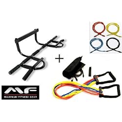 Maximum Muscle Gym Doorway Chin Up Bar + Premium Strong Double-Strand Latex 4pc Resistance Bands Set + Bonus Abs & Resistance Band Workout Guides