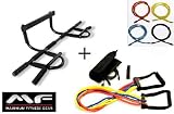 Maximum Muscle Gym Doorway Chin Up Bar + Premium Strong Double-Strand Latex 4pc Resistance Bands Set + Bonus Abs & Resistance Band Workout Guides