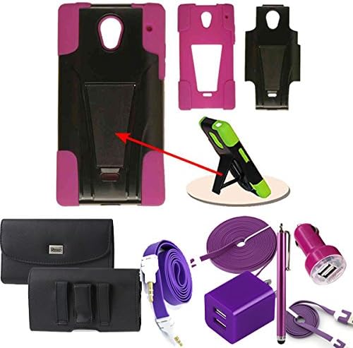 Purple Rugged Hybrid Kickstand Case for Sharp Aquos. Hard Shell with Kickstand on the outside, Silicone Gel with bumpers on the inside and corners. Comes with Dual USB Car Charger, Dual USB 2.1 amp House Charger, 3ft Cable, 10ft Extra Long USB Cable, AUX Cord, Stylus Pen and Leather Horizontal Carry Case that Fits your Phone with the Cover on it.