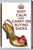 KEEP CALM and CARRY ON BUYING SHOES Fridge Magnet printed on an image of a gold coloured Vivienne Westwood shoe with a Red Valentine Heart on the toe from our Keep Calm and Carry On series - an original Gift Idea.