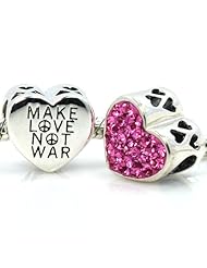 Pro Jewelry .925 Sterling Silver " MAKE LOVE NOT WAR / Pink Swarovski Pave on Heart " Charm Bead Compatible with Pandora Chamilia Kay Troll Bracelet