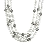 3-Row White Simulated Pearl and Pave Gun Metal Tone Necklace, 17.5+3 Extender