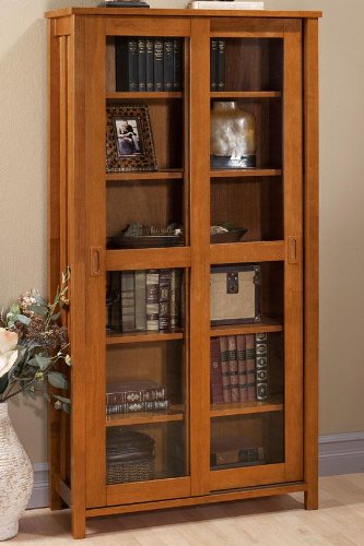 Mission - style 6 - shelf Bookcase With Sliding Glass Doors, 2-DOOR, 6-SHELF, LIGHT CHERRY