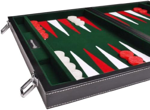 Leatherette Backgammon Set - (15" Large Case) - Black/Green Board