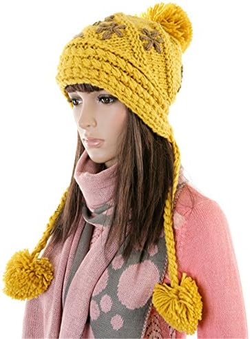 Vwhite Womens Girls Winter Snowflake Knitted Skull Crochet Beanie Slouch Hat Cap Yellow