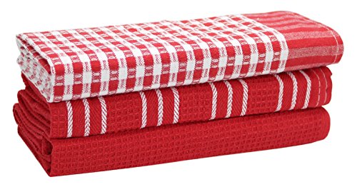 Classic Kitchen Towels, 100% Natural Cotton, The Best Tea Towels, Dish Cloth, Absorbent And Lint-Free, Machine Washable, 18 x 25 Inch, 3 Pack, White With Red Stripe