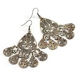 Vintage Bronze Tone Filigree Chandelier Earrings - 8cm Drop