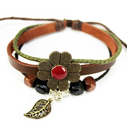 Real Spark Red Lucky Flower Leaf Pendant Wood Cube Beaded Adjustable Length Wrap Bracelet