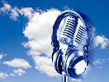 On The Air!! Flying Retro Microphone & Headphones Over Blue Sky A1 CANVAS ART PRINT POSTER