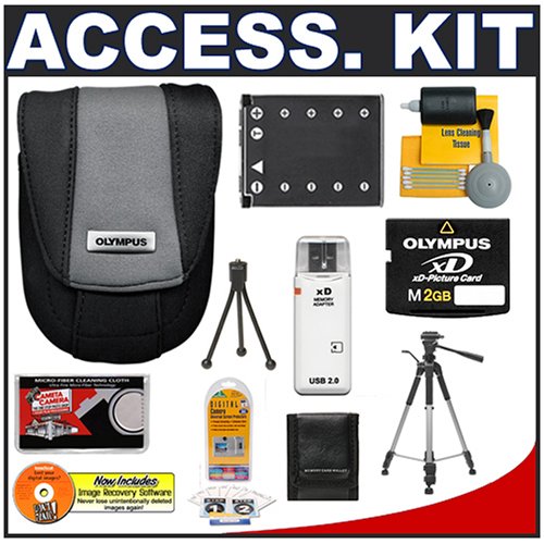 Olympus Black Neoprene Camera Case with Olympus M-2GB xD-Picture Card + Spare Li-42B Battery + Tripod + Accessory Kit for Stylus 840, 850 SW, 1040, 1050 SW, FE-320, FE-340, FE-350, FE-360, FE-20 Digital Cameras