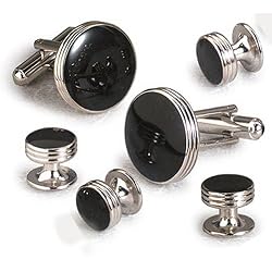 Giorgio Bissoni Round Jet Black Stone with Silver Concentric Rings Cufflink and Stud set