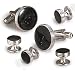 Giorgio Bissoni Round Jet Black Stone with Silver Concentric Rings Cufflink and Stud set