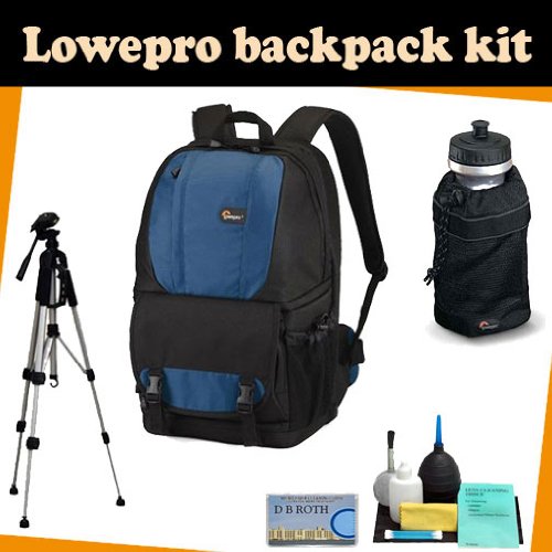 LowePro Backpack kit which includes the Lowepro Fastpack 250 (Blue) + TR-60N Camera Tripod + Lowepro Mesh Water Bottle Bag for 32oz. Size Bottles + Camera lens Cleaning kit + DB ROTH Micro Fiber Cloth.