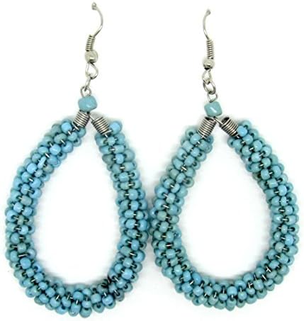 Lady Sedona Turquoise Glass Crochet Beaded Hoop Earrings Pierced