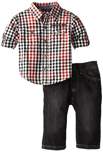 Calvin Klein Baby-Boys Newborn Orange Plaid Roll Up Sleeve Shirt with Jeans