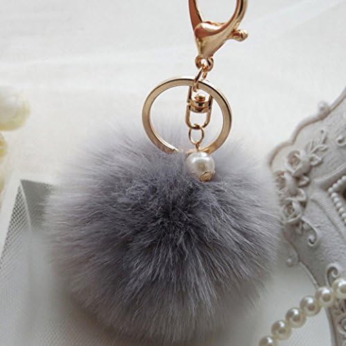 18 K Gold Plated Keychain with Real Rabbit Fur Ball Keychain for Car Key Ring Handbag Tote Bag 8CM 3.1IN (Light Gray)