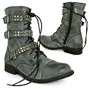 New Dirty Black Military Studded Buckle Tall Flat Ankle Boots Sz 3-8