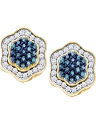 10K Yellow Gold 0.75CT Blue Diamond Flower Earrings