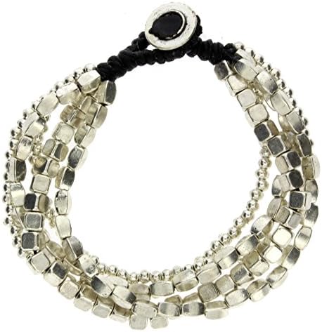 Multi Shaped 5 Strand Silver Beaded Alloy Bracelet Waxed Linen Wristband