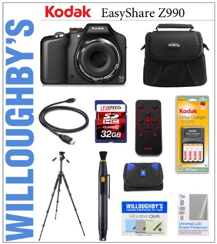 Kodak EasyShare Z990 12 MP Digital Camera with 30x Schneider-Kreuznach Variogon Optical Zoom Lens + Kodak Pocket Digital Camera Remote Control + Deluxe Padded Camera Bag + LEXSpeed 32GB Class 10 SDHC Memory Card + Rechargeable Batteries & Rapid Charger + Sunpack SD Memory Card Reader + Full Size Tripod & Much More! Willoughby's Est. 1898 Deluxe Point and Shoot Bundle